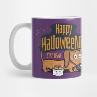 Funny scary Spooky Halloween Cute Doxie Dachshund Dog being Brave Halloweenie Doxy with Treats on a Spooky evening tee Mug